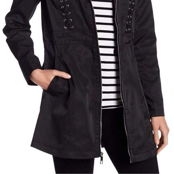 GUESS Women’s Lace Up Hooded Water Resistant Raincoat Jacket in the Size Medium - Picture 2 of 16